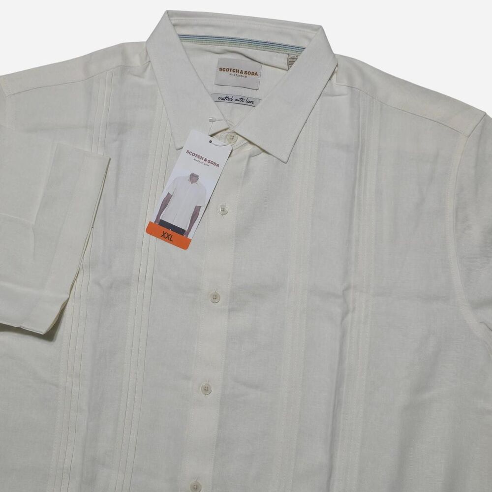 NWT - SCOTCH & SODA Men's XXL Linen-Blend Pintuck Guayabera Off White Button Up